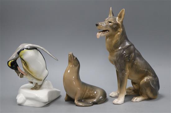 A Meissen figure of a penguin, a Bing & Grondahl Alsatian and a Royal Copenhagen sea lion